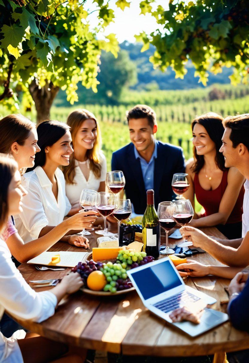 A vibrant wine tasting scene featuring a diverse group of smiling wine enthusiasts gathered around a beautifully set table with various wine glasses and bottles, surrounded by lush vineyards. Include gourmet cheese and fruit pairings, with a laptop open displaying online wine deals in the foreground. Sunlight filters through the leaves, creating a cheerful atmosphere. super-realistic. vibrant colors. warm tones.