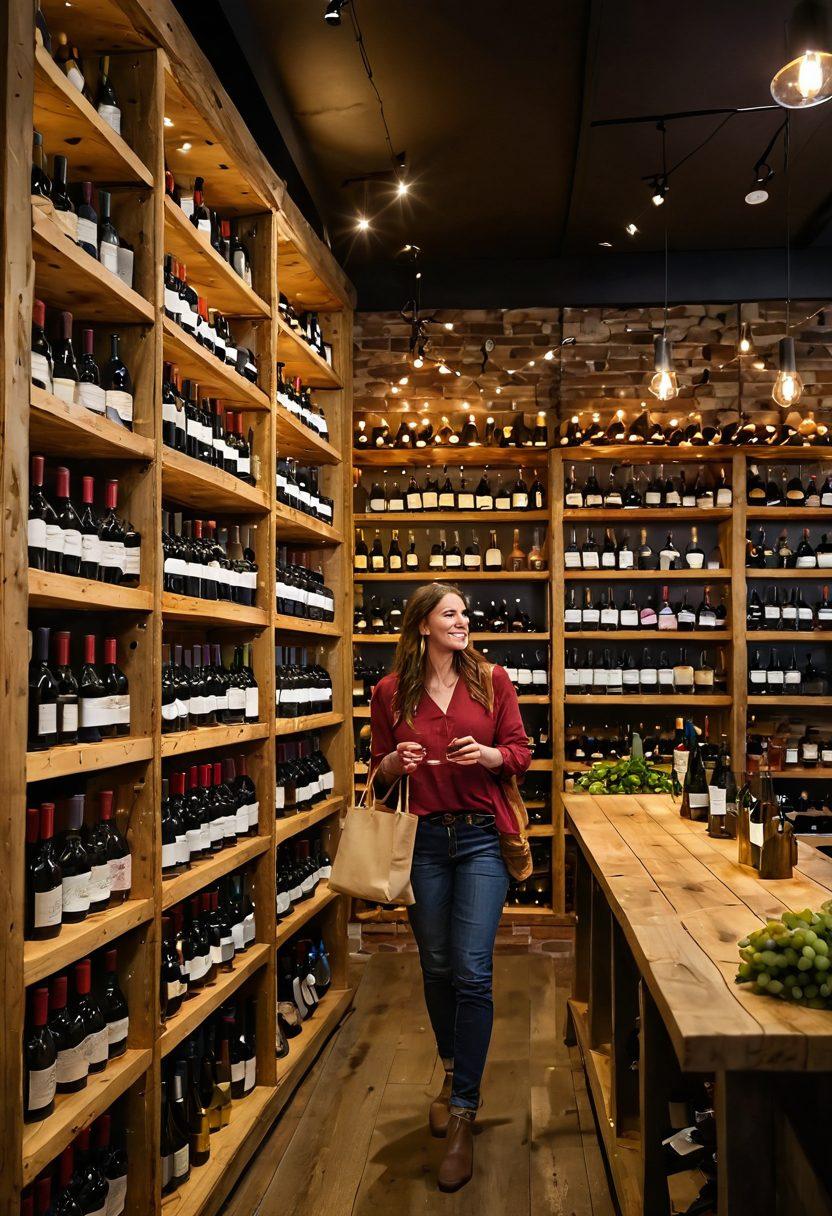 A vibrant wine shop filled with colorful bottles of wine, customers joyfully sipping from tasting glasses, surrounded by rustic wooden shelves and twinkling fairy lights. A joyful shopper holding a shopping bag, with a scenic vineyard visible through the shop windows. The atmosphere is warm and inviting, exuding a sense of discovery and excitement. super-realistic. vibrant colors. warm lighting.