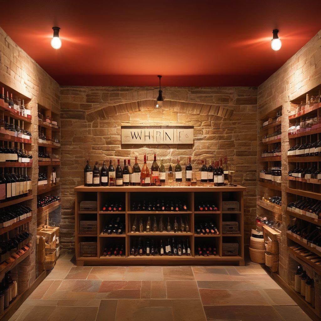 A vibrant wine cellar filled with an array of affordable red, white, and rosé bottles, showcasing price tags highlighting discounts. Include a cheerful group of friends toasting with glasses of wine, surrounded by festive decorations and gourmet snacks. Soft warm lighting enhances the cozy ambiance, inviting viewers to celebrate affordable indulgence. super-realistic. vibrant colors. cozy ambiance.